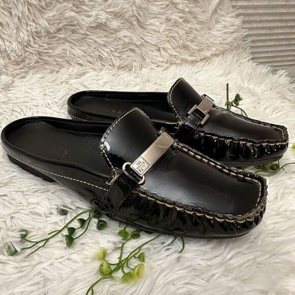 Lauren Ralph Lauren Carlene‎ Square Toe Black Patent Leather Mules sz 7.5B - Picture 3 of 9